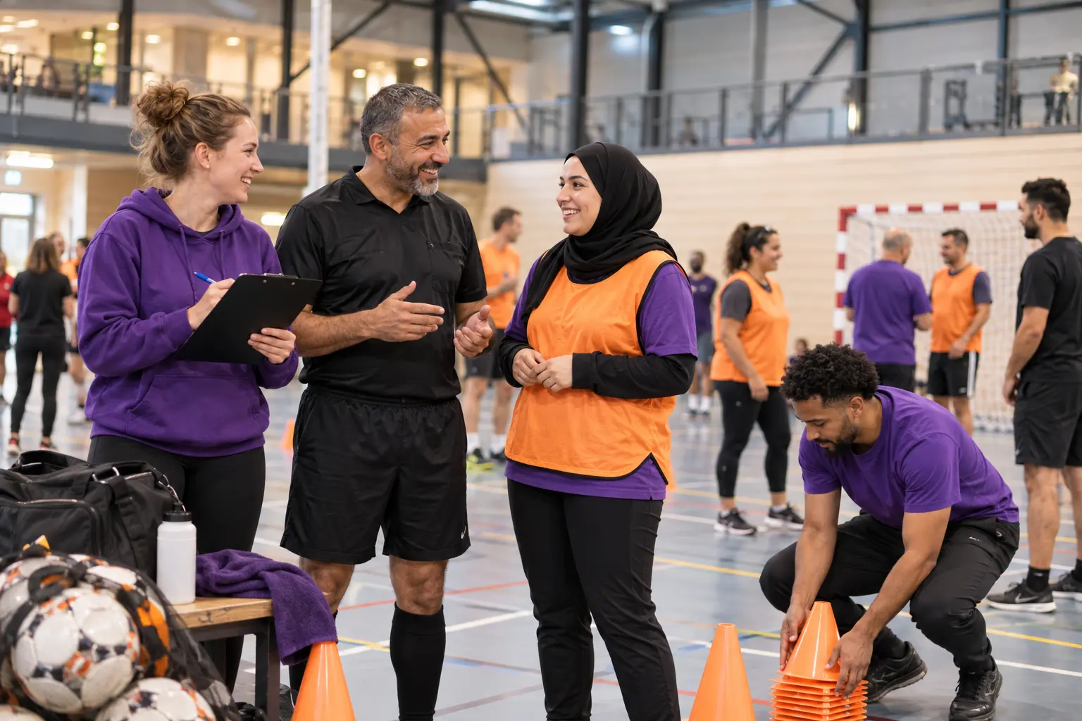 Vrijwilligers, scheidsrechter en deelnemers bereiden samen een zaalvoetbalevenement voor