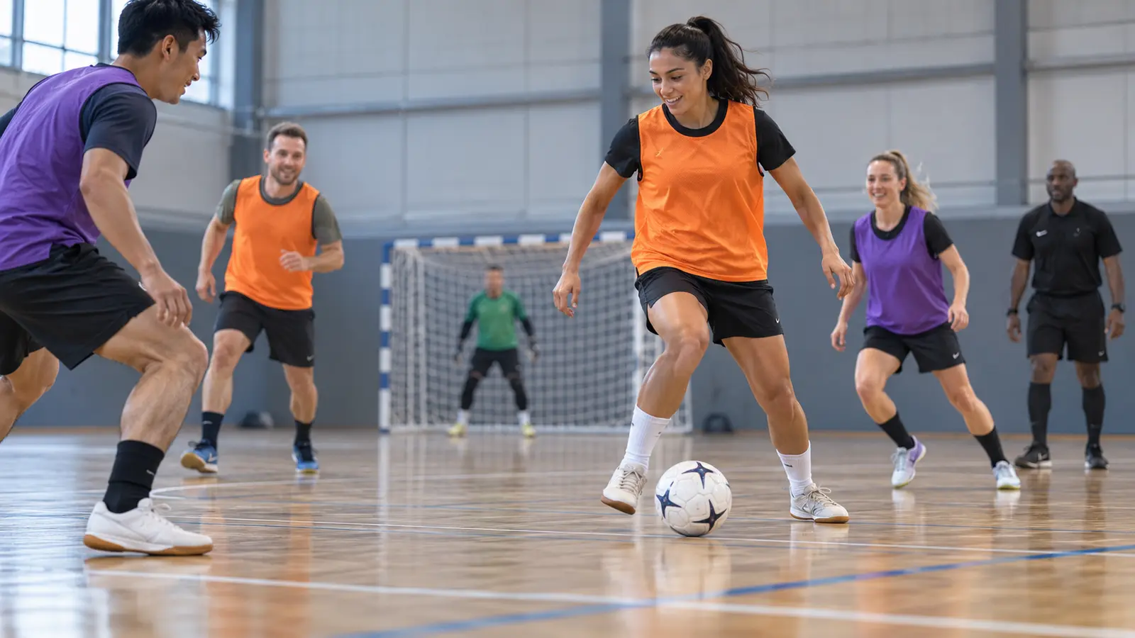 Gemengde groep volwassenen speelt samen zaalvoetbal